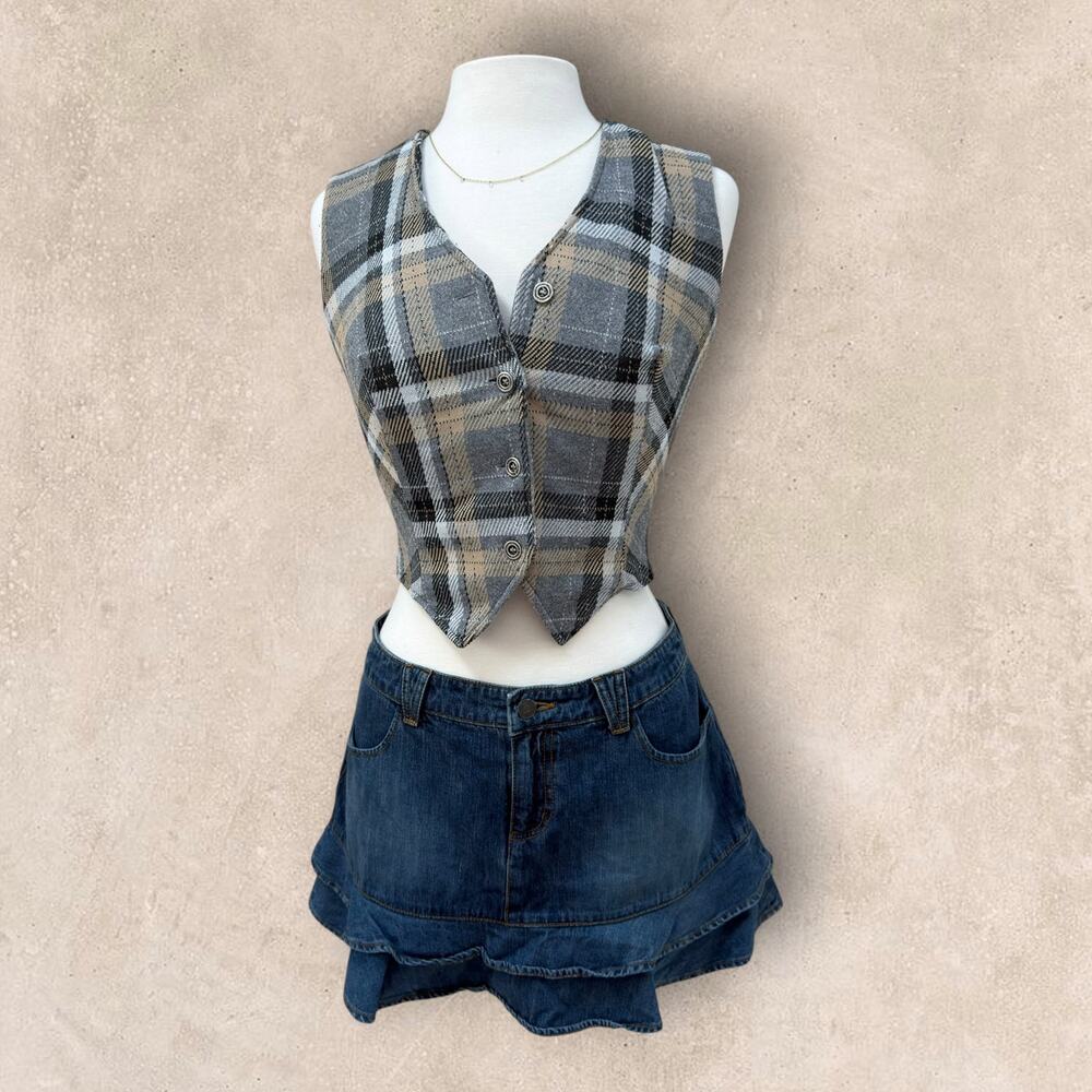 Vintage 90s Joyce Plaid Tailored Vest grey yellow tan Waistcoat